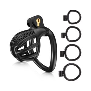 Male Chastity Device Cock Cage - Large Plastic Chastity Cage for Man Penis Exercise 3D Printed Black Bondage Gear Lightweight Adult Sex Toy with 4 Sizes Rings Invisible Lock and Key